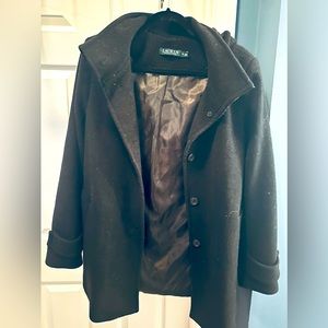 Ralph Lauren Women's Black Hooded Wool-Blend A-Line Coat Jacket Size M